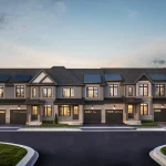 Architectural rendering of a modern block of two-story townhomes at Harwood Place, featuring grey and beige siding, stone accents, dark garage doors, and solar panels under a dusk sky.