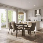 Bright, modern interior rendering of a Harwood Place dining area and kitchen, featuring a wooden table with neutral upholstered chairs, a woven pendant light, light oak flooring, and large sliding glass patio doors.