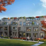 Architectural rendering of urban stacked townhouses at Jefferson Heights during autumn, featuring multi-story units with beige siding, private glass balconies, and spacious rooftop terraces equipped with patio umbrellas, facing a green lawn with residents walking.