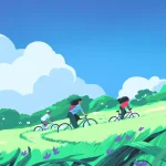 A colorful, stylized illustration of a family riding bicycles through a grassy green field at Orchard Park under a bright blue sky with large fluffy white clouds.