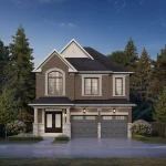 Traditional two-story detached home in Rosemont Grove featuring dark brick siding, prominent gable roofline, arched window, and covered front porch