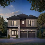 Exterior rendering of a modern two-story 38' detached home in the Rosemont Grove community featuring a brick and stone facade, dark double-garage doors, covered front porch, and lush surrounding landscaping.