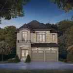 Two-story detached home design in Rosemont Grove with light stone facade, upper arched window, decorative balcony railing, and double garage