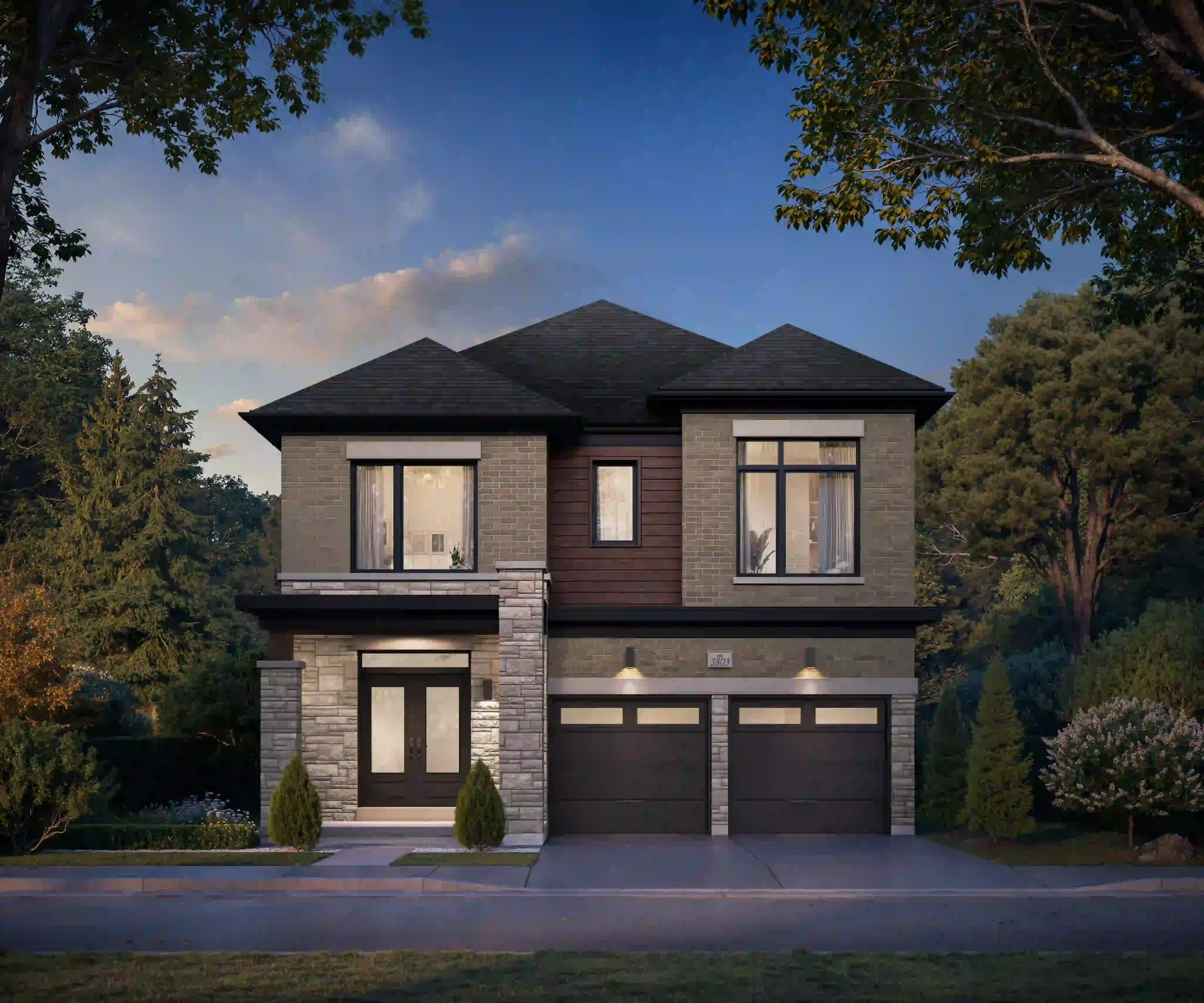 Exterior rendering of a modern two-story 38' detached home in the Rosemont Grove community featuring a brick and stone facade, dark double-garage doors, covered front porch, and lush surrounding landscaping.