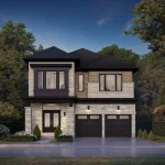Contemporary two-story detached home in Rosemont Grove featuring light brick cladding, dark paneling, wood accents, and a double garage