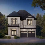 Architectural rendering of a modern two-story 41' detached home in the Rosemont Grove community showing a light stone and masonry exterior, two-car garage, second-floor balcony detail, and surrounding trees.