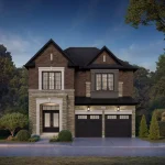 Modern two-story detached home in Rosemont Grove with red brick upper exterior, light stone lower accent, and two-car dark garage doors