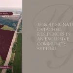 Aerial map of Rosemont Grove development site highlighted along Heritage Road and Steeles Avenue West, offering 38 foot and 41 foot signature detached homes.