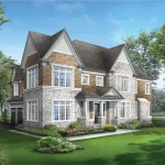 Large corner-lot two-story home rendering featuring a combination of stone masonry and brown brick with steep roof gables at Gates of St. Anne's