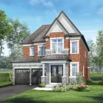 Architectural rendering of a two-story red brick and gray stone 40-foot detached home at Gates of St. Anne’s in Shining Hill with a double-car garage and landscaped front yard