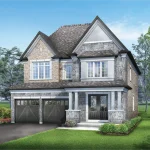Exterior rendering of a modern two-story detached home featuring gray stone masonry, a dark double garage, and a covered entry portico at Gates of St. Anne's in Shining Hill