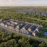 Aerial rendering of The Enclave by Cachet townhouse community, showcasing rows of modern townhomes nestled within a dense green forest landscape and adjacent to a small pond.