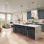 Open-concept kitchen rendering at The Enclave by Cachet, showcasing a large marble island with gold fixtures, blue velvet barstools, muted blue cabinetry, and stainless steel appliances.