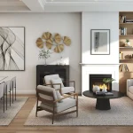 Interior design rendering of an open-concept living and dining room at The Enclave, featuring a modern fireplace, minimalist furniture, neutral rugs, and large windows with natural light.