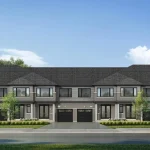 Architectural front elevation rendering of a block of multi-unit townhouses at The Enclave by Cachet, highlighting grey brick exteriors, dark garage doors, and neat landscaping under a blue sky.