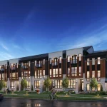Exterior rendering of modern multi-story luxury townhomes at Bayview Green with contemporary stone and dark wood panel facades.