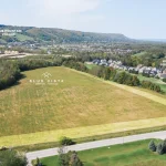 High-angle aerial map view showing the Blue Vista development site location near Blue Mountain, Monterra Golf Course, and Georgian Bay.