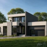 Contemporary single-family detached home rendering featuring flat roof design, large windows, and dark contrast siding at Blue Vista.