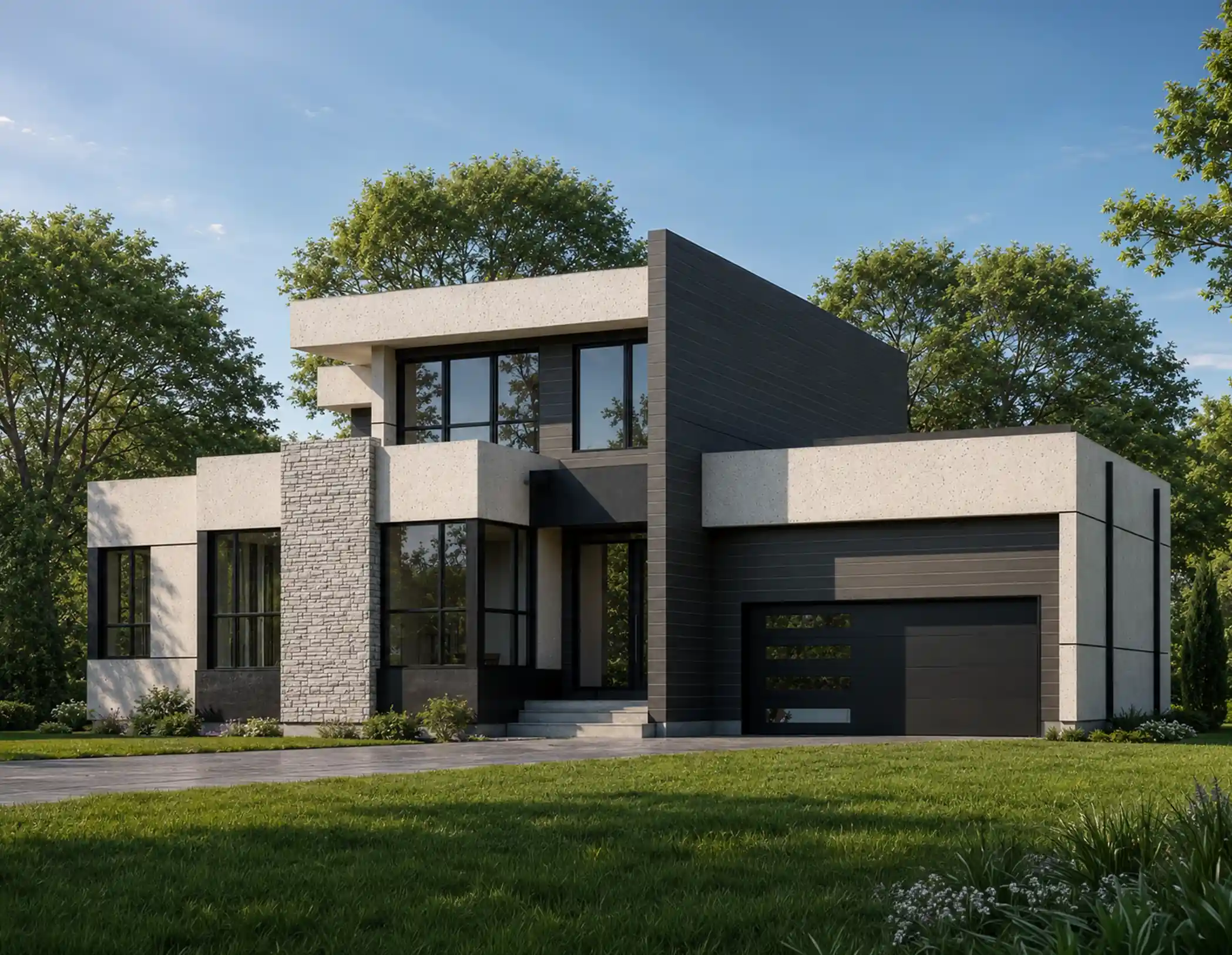 Contemporary single-family detached home rendering featuring flat roof design, large windows, and dark contrast siding at Blue Vista.