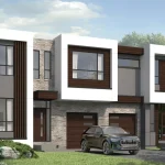 Architectural rendering of a modern two-story semi-detached home exterior with stone veneer and dark wood accents at Blue Vista.
