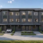 Architectural exterior rendering of contemporary townhomes at The Bogart Hills with dark wood-style paneling, grey brick accents, and attached garages with cars parked in driveways.