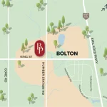 Location map of the Bolton Place community highlighting King St, Humber Station Rd, and nearby roads in Bolton