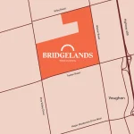 Location map highlighting the Bridgelands community area in orange, bounded by Kirby Road, Teston Road, Weston Road, and Pine Valley Drive in Vaughan near Highway 400.