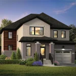 Exterior architectural rendering of a two-story modern 30-foot detached home featuring light and grey brick masonry, dark wood paneling accents, and an attached single-car garage at Derry Lane.