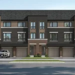 Rendering of three-storey modern townhomes at Derry Lane Towns showing dark brick exteriors, private garages, and front entrances.