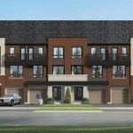 Architectural rendering of back-to-back townhouses at Derry Lane Towns featuring red brick facades, balconies, and ground-level garages.
