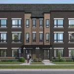 Exterior rendering of modern dark brick rear lane townhomes at Derry Lane Towns with manicured lawns and walking paths.