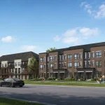 Wide streetscape rendering of the Derry Lane Towns community showcasing modern townhome blocks, paved roads, and landscaped green space.