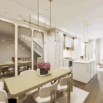 Open-concept kitchen and dining room rendering at Kerr Village Towns with white island, brass light fixtures, dining table, and large accent mirrors