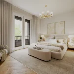 Modern primary bedroom rendering in a Kerr Village Town home featuring a king bed, neutral decor, chandelier, and walkout balcony