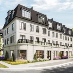 Corner streetscape rendering of light gray brick townhouse blocks at Kerr Village Towns with ground-floor retail space and dark mansard roofs