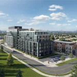 Southwest aerial rendering of the modern mid-rise condominium building and surrounding townhomes at Merrydale Residences, showcasing modern architecture, green spaces, and parking areas.
