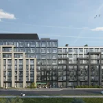 Exterior architectural rendering of Merrydale Residences at Thornhill Walk mid-rise condo building featuring modern glass balconies and brick facade against a clear sky.