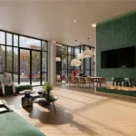 Spacious party room and lounge area at Merrydale Residences at Thornhill Walk featuring plush green seating, a linear fireplace wall with mounted TV, dining table, bar area, and large windows.
