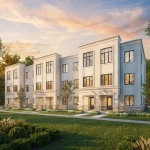 Architectural rendering of modern three-story townhomes at Montara featuring light stone facades, large black-framed windows, manicured lawns, and soft sunset lighting.
