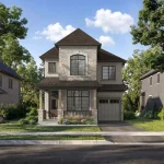 Elegant two-story 34' detached home exterior at Preserve North featuring light stone facade, covered front porch, single-car garage, and large arched window.