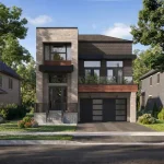 Modern two-story 38' detached home rendering at Preserve North featuring stone masonry, dark brick accents, wood paneling, a upper-level glass balcony, and a two-car garage.