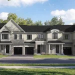 Exterior rendering of modern light gray brick and stucco townhomes with black trim in the Preserve North community.
