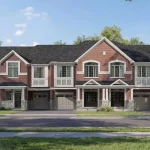 Architectural rendering of red brick modern townhouses featuring multi-car garages in the Preserve North development.