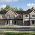 Exterior rendering of luxury brown brick and stone-accented townhomes in the Preserve North neighborhood.