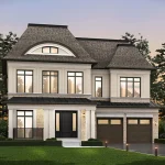Architectural rendering of a 2-story detached 50' single-family home with stone and stucco exterior, mansard roof, dormer window, and 2-car garage at Shining Hill.