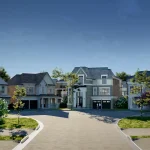 Architectural rendering of the Gates of St. Anne's community streetscape in Shining Hill, displaying luxury stone detached homes, paved roadways, landscaped lawns, and residents walking.