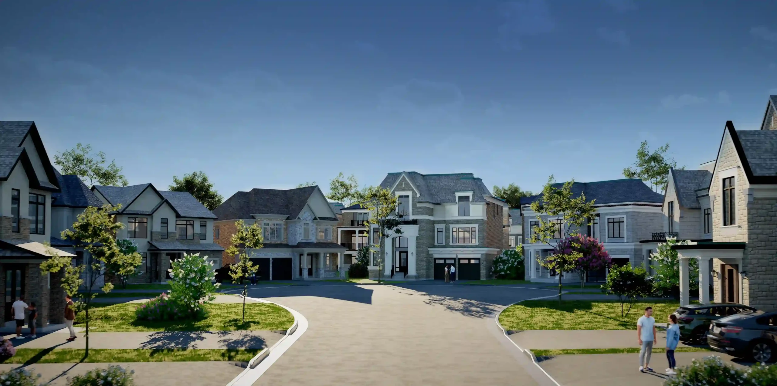 Architectural rendering of the Gates of St. Anne's community streetscape in Shining Hill, displaying luxury stone detached homes, paved roadways, landscaped lawns, and residents walking.