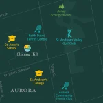 Illustrated location map for the Shining Hill community development, highlighting nearby amenities including St. Anne’s School, Keith Davis Tennis Centre, St. Andrews Valley Golf Club, Bailey Ecological Park, St. Andrew’s College, and Aurora Community Tennis Club along major cross streets.