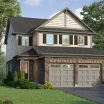 Exterior architectural rendering of a 32-foot detached two-story home at Spears Gardens with brown brick, light siding, dark shutters, and a two-car garage.
