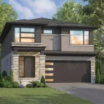Modern two-story detached home exterior design at Spears Gardens featuring grey stone masonry, dark accents, large windows, and a two-car garage.